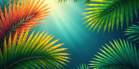 Fototapeta premium Palm leaves in vibrant colors against a serene tropical backdrop, leaves, beach scene