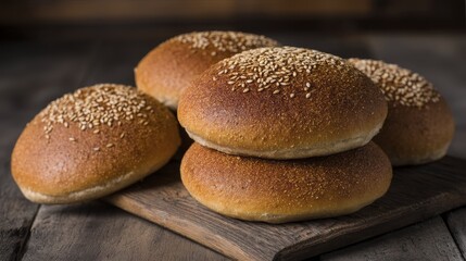 Naklejka premium Artisan-style hamburger buns, slightly irregular shape, darker crust, rustic charm, rich flavor implied - brown premium irregular crusty