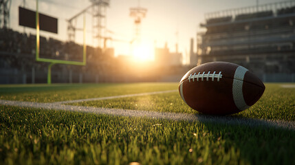 American football field with green grass. There is a soccer ball in the foreground. The gates are visible in the background, and the stadium is behind them. The sun is shining from behind, creating wa