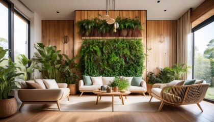 Biophilic family room featuring indoor vertical garden and natural wood accents