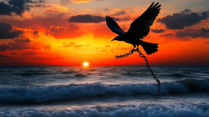 Obraz premium Bird chained flight sunrise ocean freedom