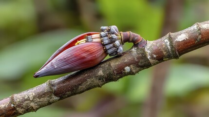 Fototapeta premium Close-up of banana blossom still attached to the fruit bunch - healthy pistil macro