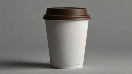 A white coffee cup with a brown lid on a grey background A Minimalist Style Photograph of a Plain