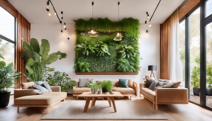 Fototapeta premium Biophilic family room featuring indoor vertical garden and natural wood accents