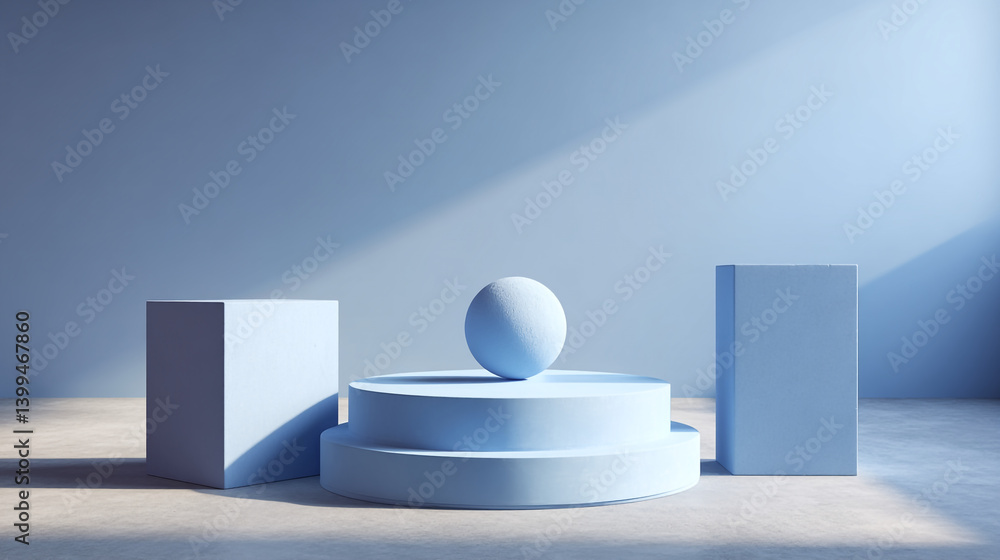 Aufkleber a light blue geometric composition with a sphere on a platform and two cubes in a studio setting
