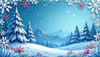 Obraz premium Snowflake border with intricate details and frosty colors surrounding a serene winter landscape illustration, snow globe, winter wonderland, christmas card