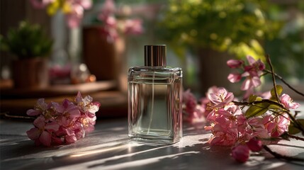 Elegant Perfume Bottle Surrounded by Pink Blossoms in Sunlight