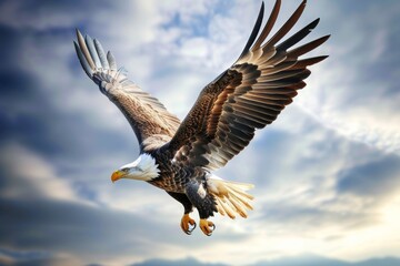 Fototapeta premium A bald eagle gliding majestically in the clear blue sky during a sunny day, showcasing its powerful wings and sharp beak while hunting for prey in its natural habitat