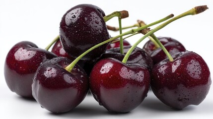 Handful of dark red cherries against a white background, highlighting their rich color - shot up still elegant dessert