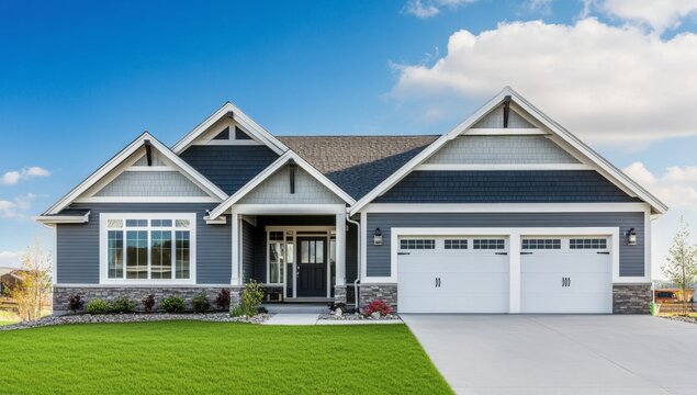 Modern Farmhouse Exterior.  Spacious home with a contemporary design, featuring a charming exterior.  Clean lines and tasteful color combinations create a welcoming facade