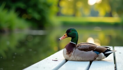 Fototapeta premium Waterfowl sitting on white wooden dock with a small pond in the background, calm, peaceful