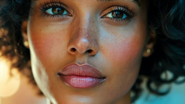 Close-up portrait of a woman with dark brown eyes, freckles, and full lips