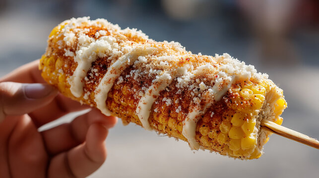 Hand holding elote on a stick with cheese crema and chili powder a delicious mexican street food snack