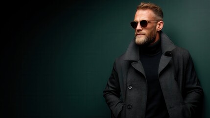 Fototapeta premium Confident adult man posing in stylish coat against dark background
