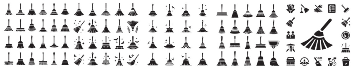 broom silhouette icon vector set