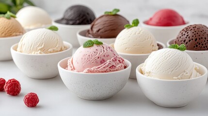 A Mouthwatering Display of Artisanal Gelato Flavors in Elegant Bowls, Perfectly Arranged for a Delightful Dessert Experience