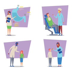 Fototapeta premium Healthcare professionals engaged with patients in various roles, demonstrating medical examinations, consultations, and educational activities within clinical environment