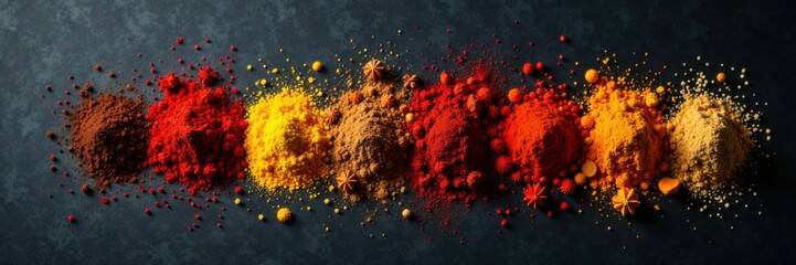 Colorful spices scattered on a dark black background, culinary, black background, herbs