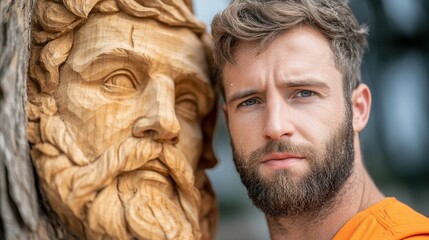 Fototapeta premium Dedicated Artisan Poses Beside Intricate Wooden Sculpture, Showcasing the Craftsmanship of Chainsaw Carving Artistry