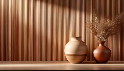 Warm minimalist retreat with a wooden slat wall and ceramic vase accents