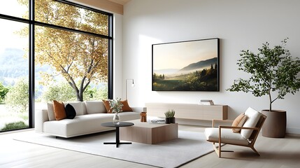 Cozy modern farmhouse style living room with rustic wood accents neutral color palette plush furniture potted plants and large windows offering a serene pastoral landscape view  Soft natural lighting
