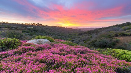 Fototapeta premium A glowing sunrise over a hilltop covered in blooming wildflowers, providing a breathtaking spring vista with generous space for captions,