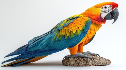 Fototapeta premium Vibrant Scarlet Macaw Perched on Wood Against White Background