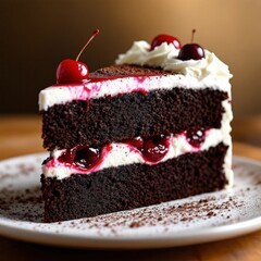 Delicious slice of Black Forest cake with fresh cherries and cream