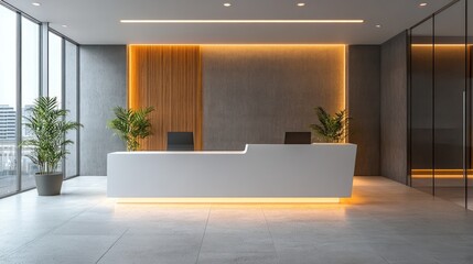 Modern office reception desk with city view