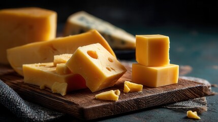 Appetizing cheese variety displayed on rustic wooden board