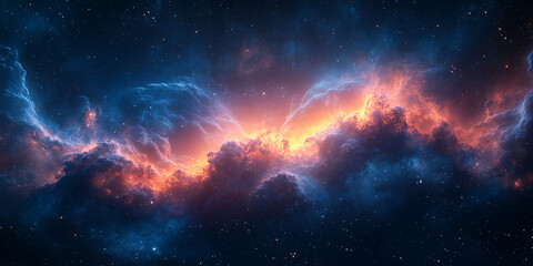 Cosmic nebula:  a stunning visualization of celestial clouds and stars in a vibrant orange and blue hues