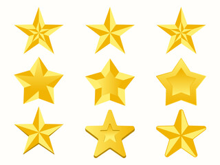 Golden star isolated. Christmas stars of various shapes. Realistic 3d metallic golden design element