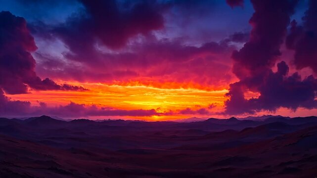 Vibrant sunset over rolling hills, fiery clouds dominate the sky