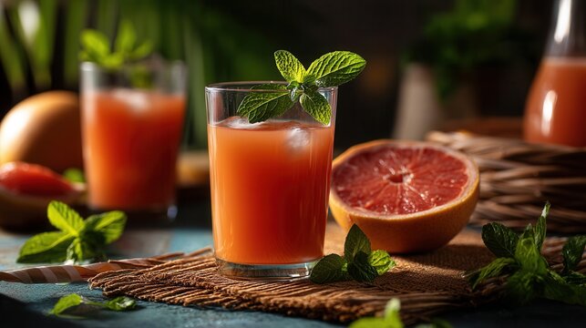 Refreshing grapefruit juice cocktails with mint garnish on rustic table