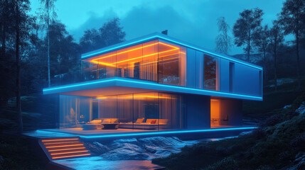 Fototapeta premium futuristic home featuring transparent solar windows, illuminated with vibrant blue and orange lights, surrounded by lush greenery and serene landscape. design emphasizes modern architecture