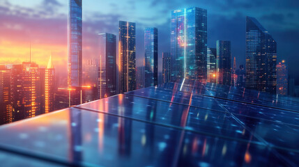 Futuristic city skyline illuminated by solar energy, showcasing modern architecture and vibrant colors at sunset. scene evokes sense of innovation and sustainability