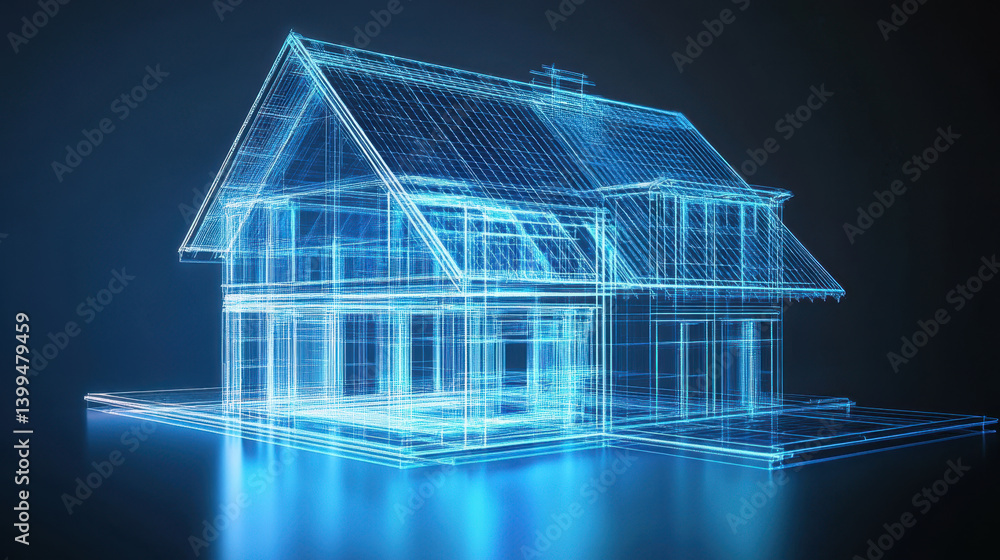 Poster digital representation of house in wireframe style, showcasing architectural design and modern techn