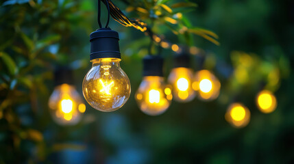 Bright and warm solar powered lights illuminate garden setting, creating cozy and inviting atmosphere. glowing bulbs hang gracefully among lush greenery, enhancing outdoor experience