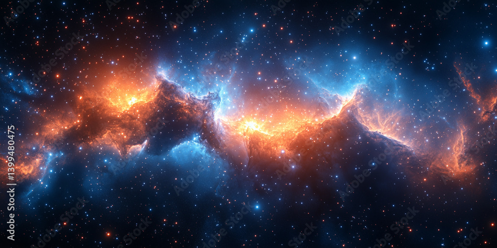 Wall mural high-resolution image of a dynamic nebula in deep space, featuring vivid orange and blue gaseous clo