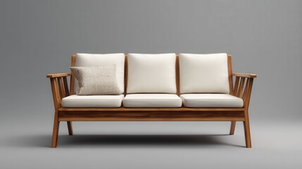 Elegant Scandinavian-style wooden sofa with white cushions in studio