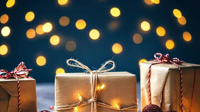 Festive gift boxes with twinkling lights and red hearts for holiday celebration. The 14th of February. Happy Valentine's Day