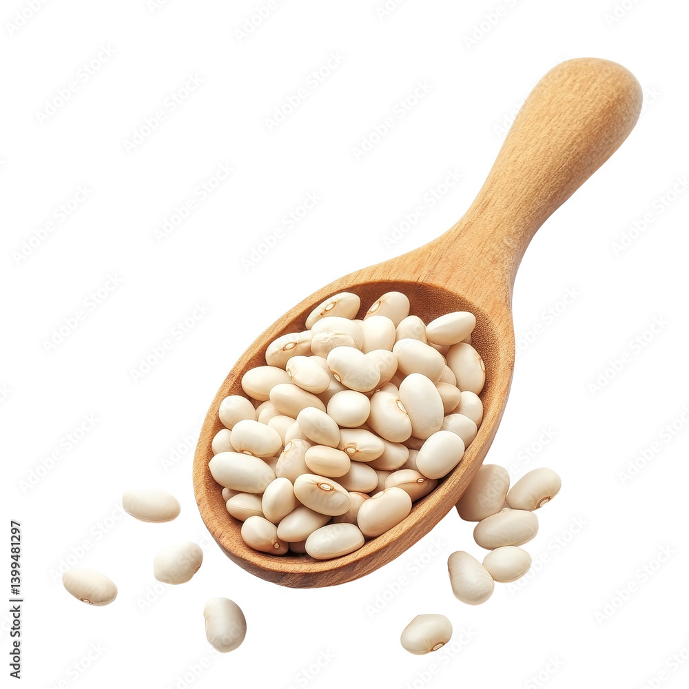 Poster a wooden spoon filled with transparent beans displayed on a clean transparent background for culinar