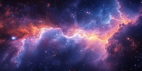 Obraz premium Cosmic nebula: vibrant hues of orange, purple, and blue interstellar clouds with scattered stars