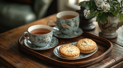 Afternoon Tea: Tranquil Moment with Floral Teacups and Delicate Biscuits