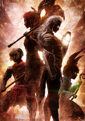 A team of warriors consisting of four characters, they stand in an epic pose ready to fight back. Asian martial arts style wars, they have superpowers and carry weapons. 2d art illustration