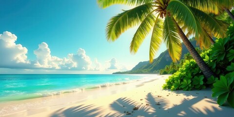 Serene tropical beach scene with palm trees, lush vegetation, and turquoise water under a bright sunny sky, casting shadows on the pristine sand