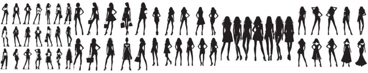 set of vector silhouette female model icons