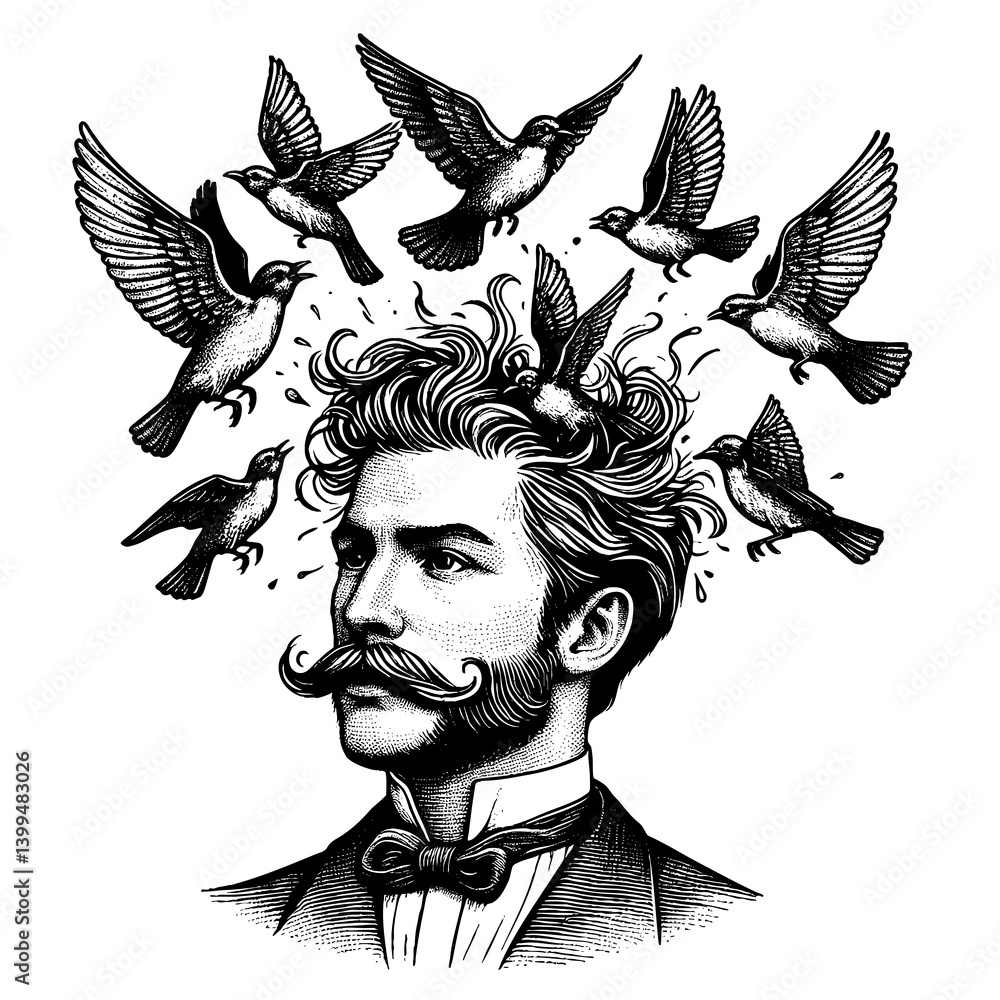 Poster man in formal attire with an open head, from which birds are flying, symbolizing creativity and imag