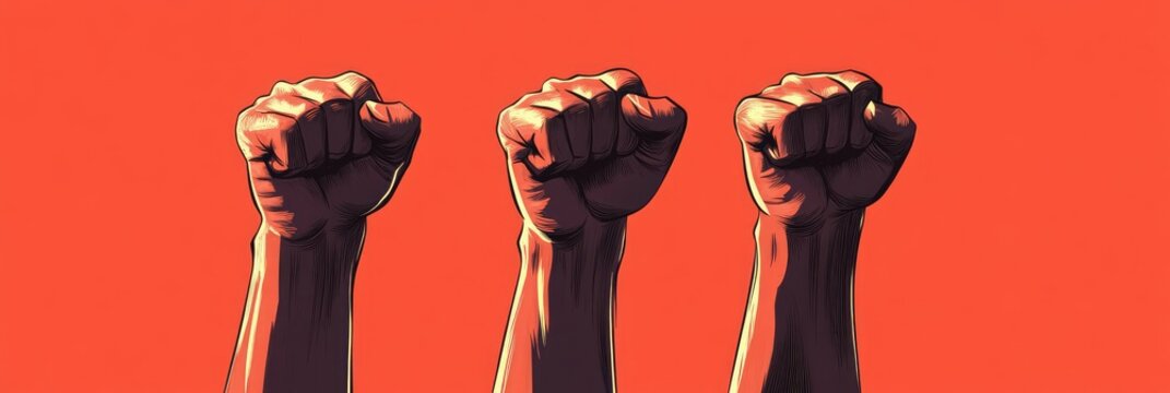 Three hands are raised in the air, with one hand on the left side of the image