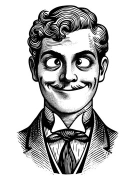 recommend clip art: Comic man in a suit and bow tie, smiling widely with exaggerated, wide-open eyes sketch engraving generative ai fictional character PNG illustration. Scratch board imitation. Black and white image.